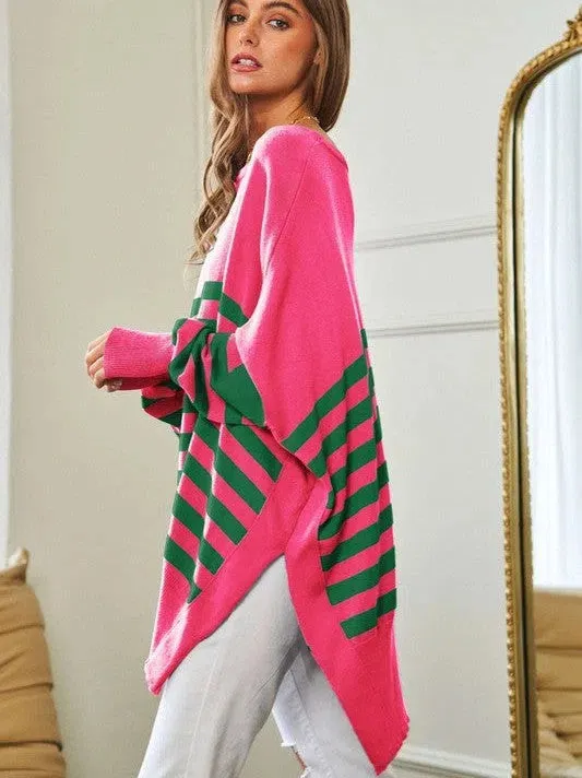 Where's Your Heart At Striped Elbow Patch Poncho Sweater Top