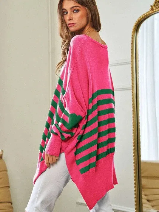 Where's Your Heart At Striped Elbow Patch Poncho Sweater Top