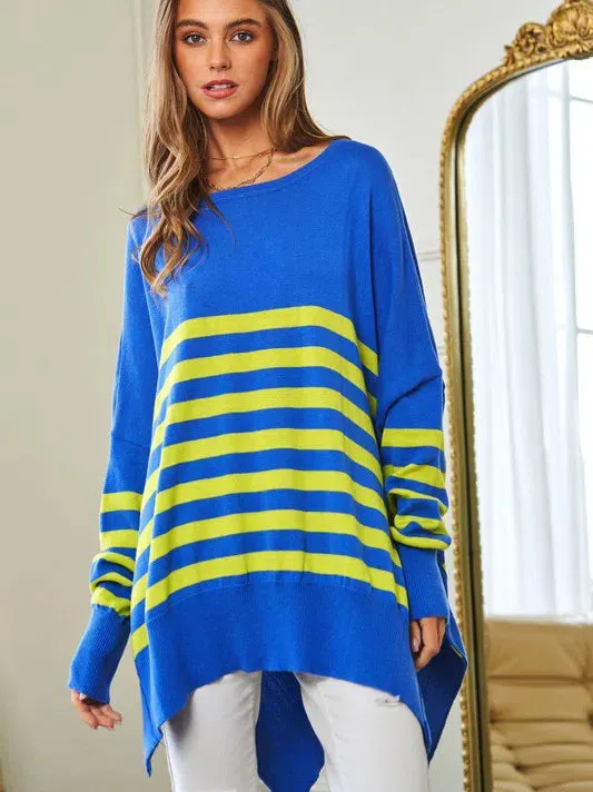 Where's Your Heart At Striped Elbow Patch Poncho Sweater Top