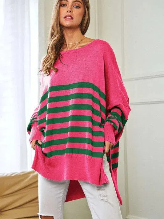 Where's Your Heart At Striped Elbow Patch Poncho Sweater Top