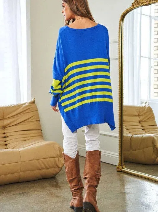 Where's Your Heart At Striped Elbow Patch Poncho Sweater Top