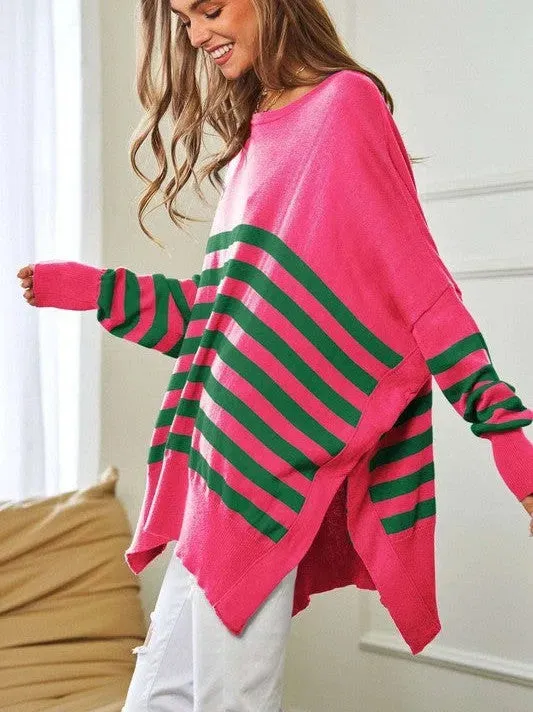 Where's Your Heart At Striped Elbow Patch Poncho Sweater Top