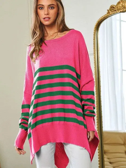 Where's Your Heart At Striped Elbow Patch Poncho Sweater Top