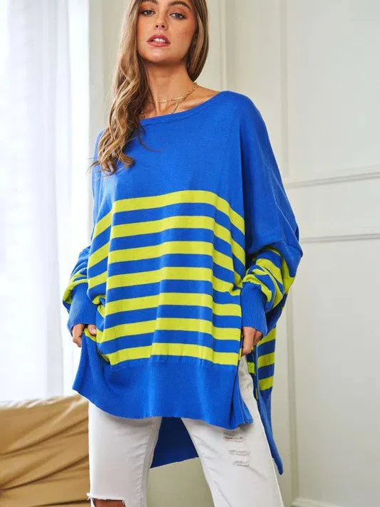 Where's Your Heart At Striped Elbow Patch Poncho Sweater Top