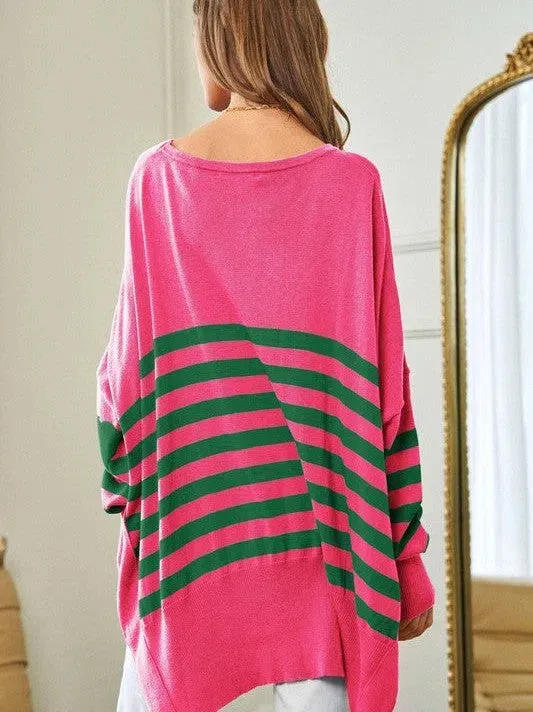 Where's Your Heart At Striped Elbow Patch Poncho Sweater Top