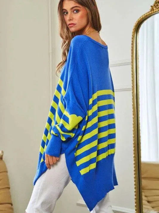 Where's Your Heart At Striped Elbow Patch Poncho Sweater Top