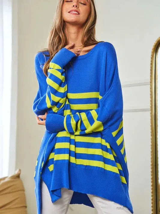 Where's Your Heart At Striped Elbow Patch Poncho Sweater Top