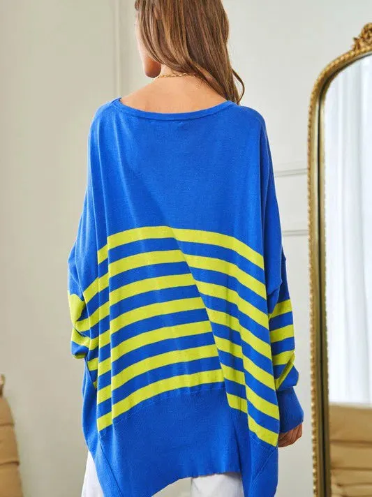 Where's Your Heart At Striped Elbow Patch Poncho Sweater Top