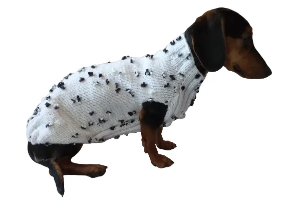 White jumper with black and white flowers for dachshund, Sweater with flowers and butterflies for miniature dachshund or small dog