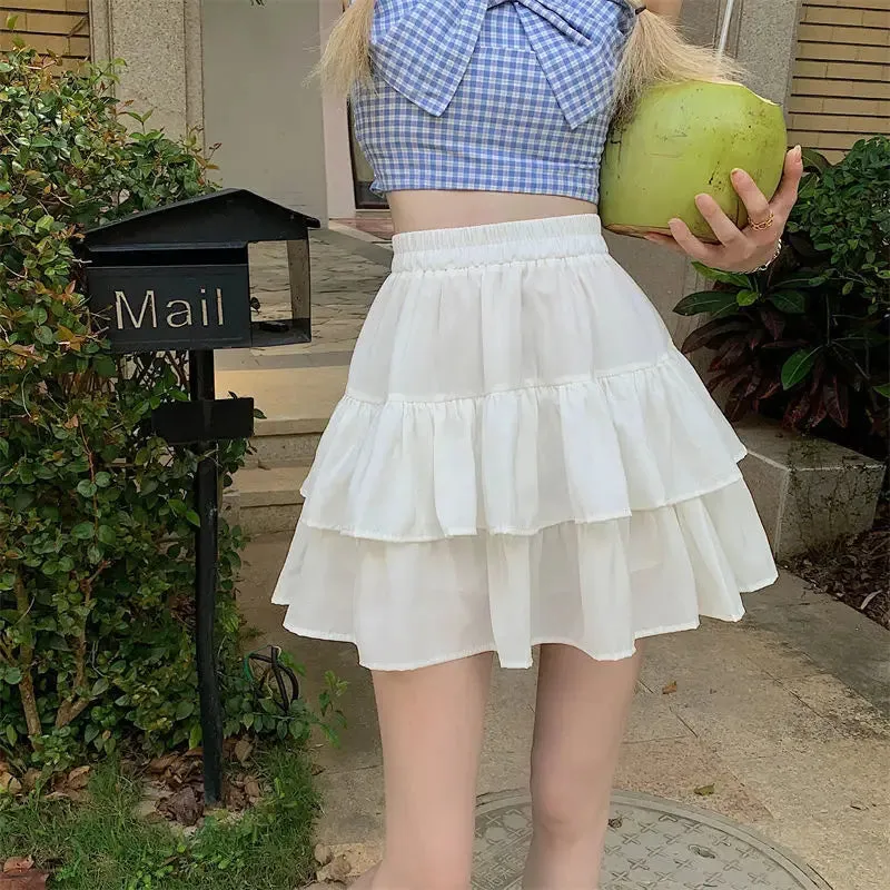 White Ruffles Pleated A-line Preppy Summer Skirt