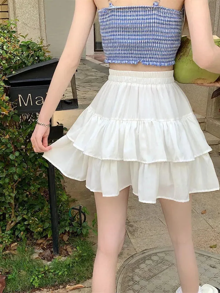 White Ruffles Pleated A-line Preppy Summer Skirt