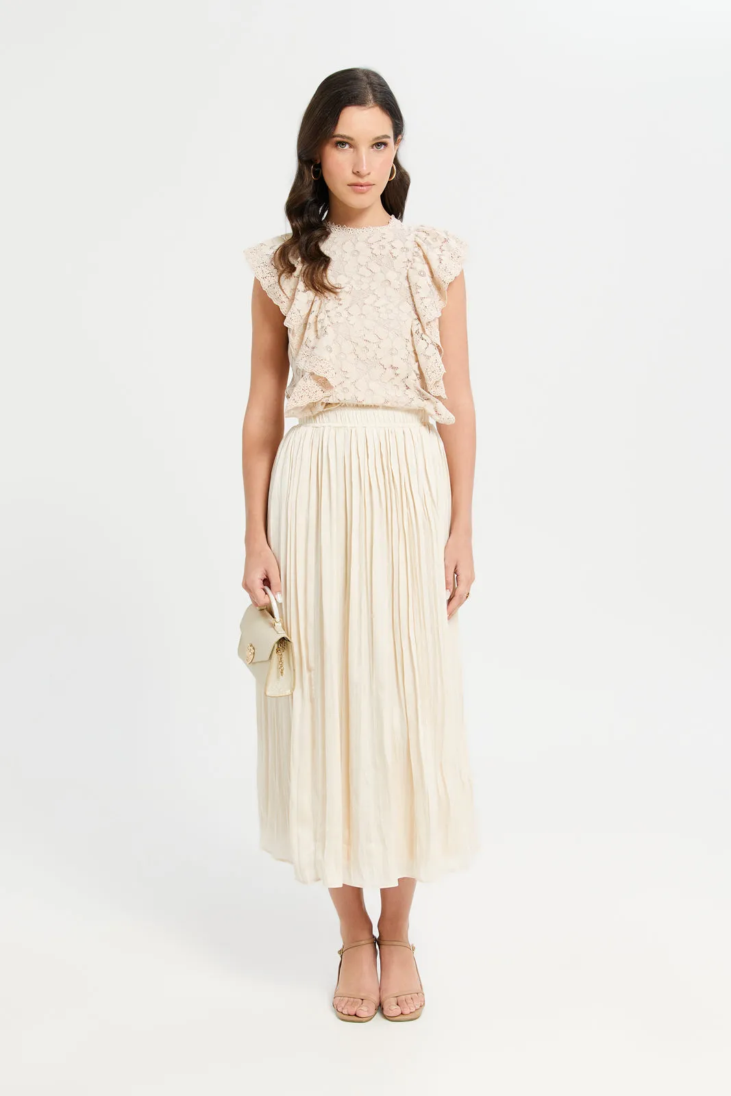 Women Beige Crinkled Pleated Skirt