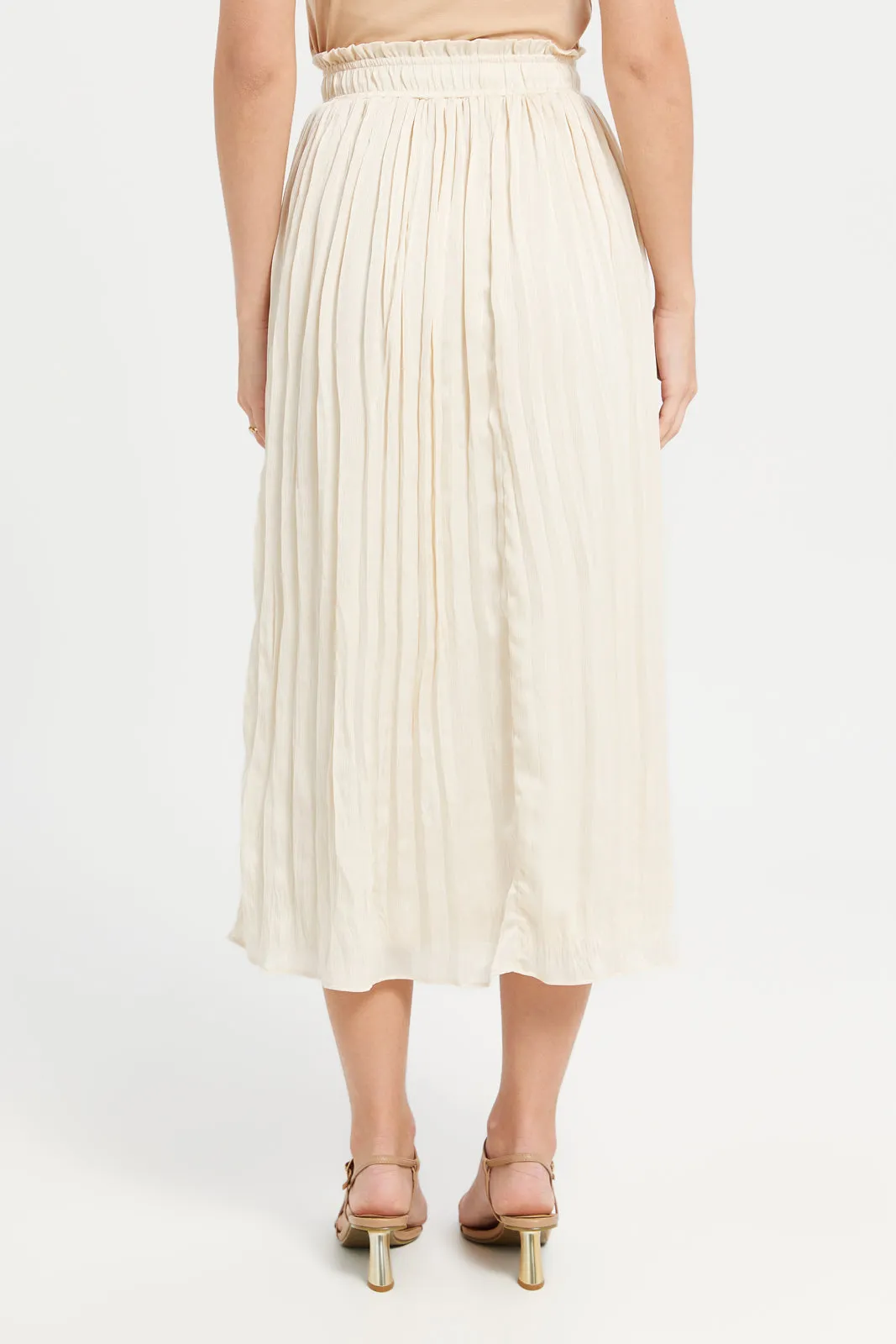 Women Beige Crinkled Pleated Skirt