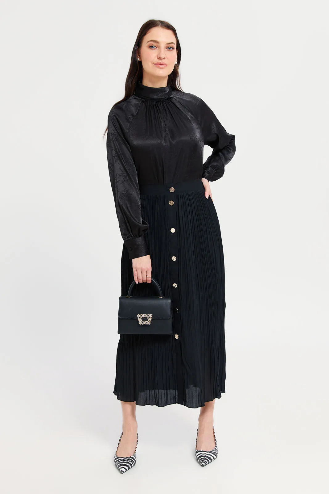 Women Black Belted Pleated Skirt