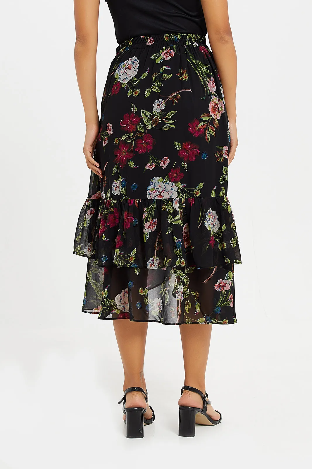 Women Black Printed Pleated Skirt