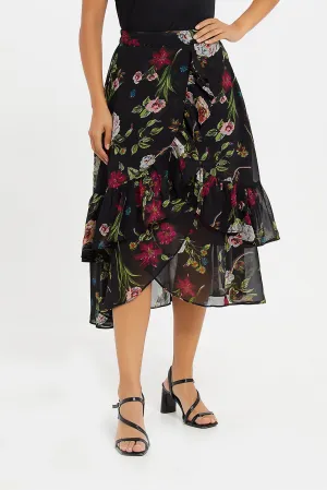 Women Black Printed Pleated Skirt