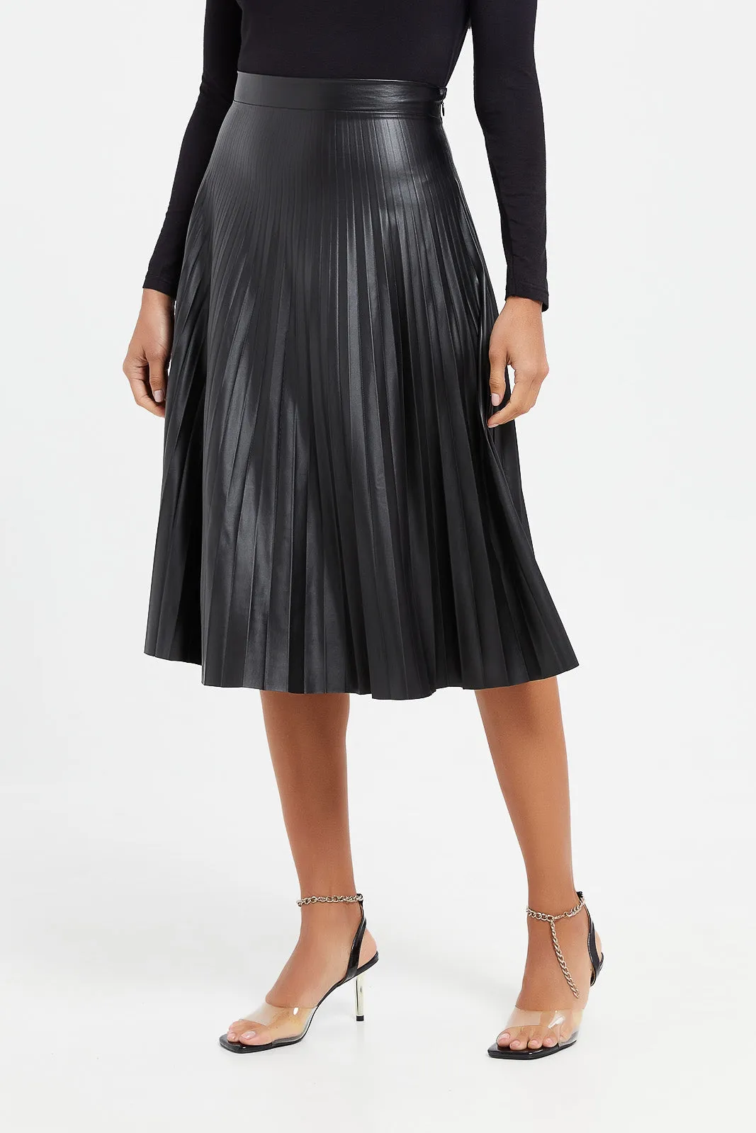 Women Black Pu Pleat Midi