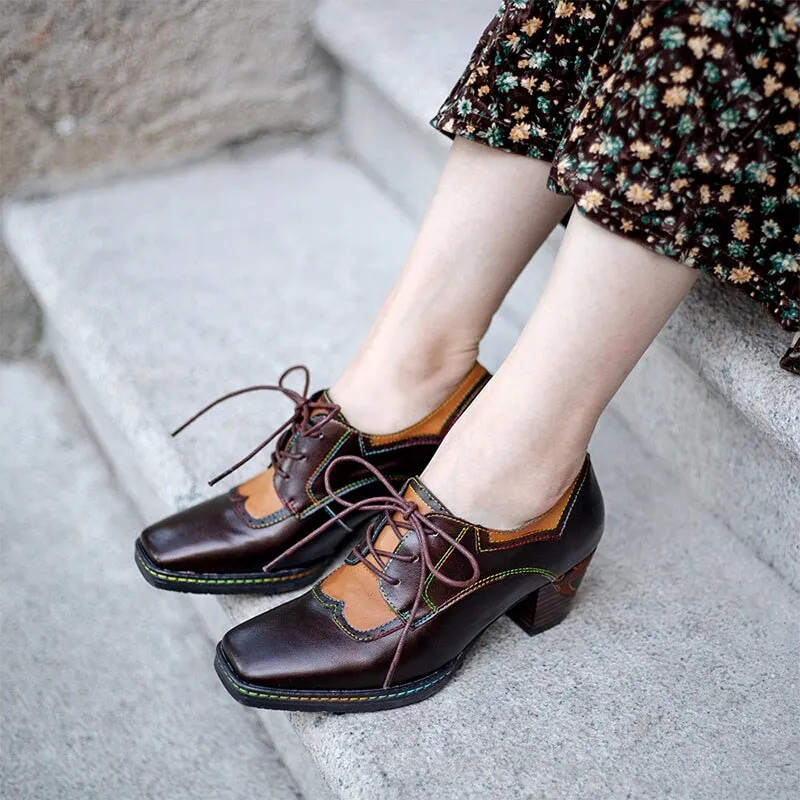 Women Fashion Brogue Oxfords 50mm Block Heel Lace-up Shoes in Brown