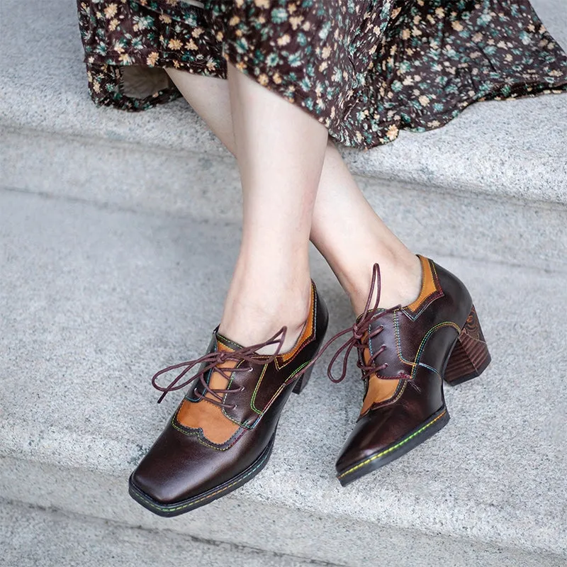 Women Fashion Brogue Oxfords 50mm Block Heel Lace-up Shoes in Brown