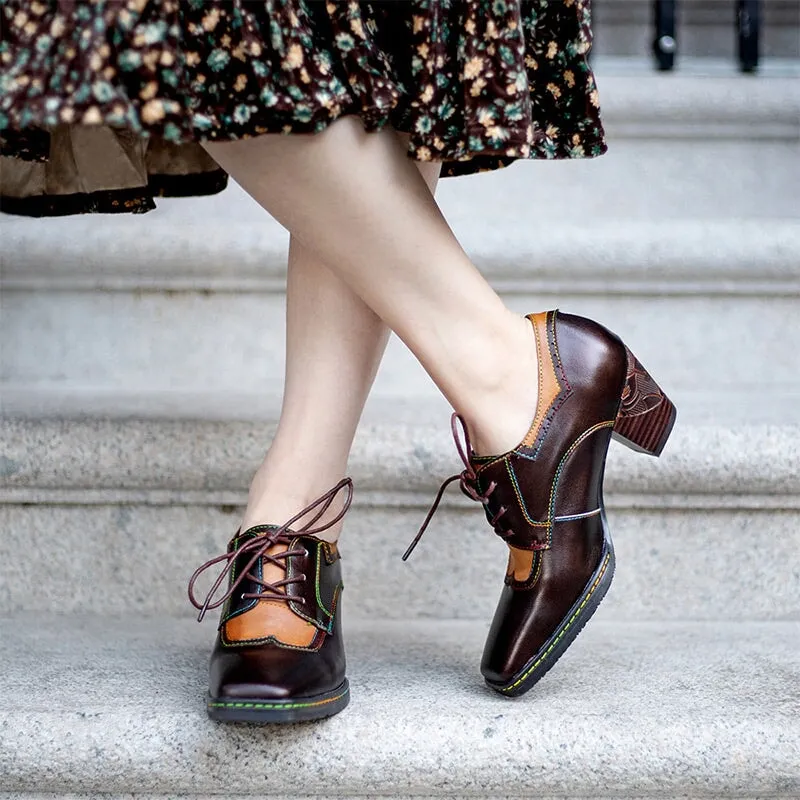 Women Fashion Brogue Oxfords 50mm Block Heel Lace-up Shoes in Brown