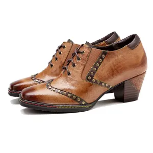 Women Fashion High Heel Oxfords With Rivets Lace-Up Brogue Shoes in Brown