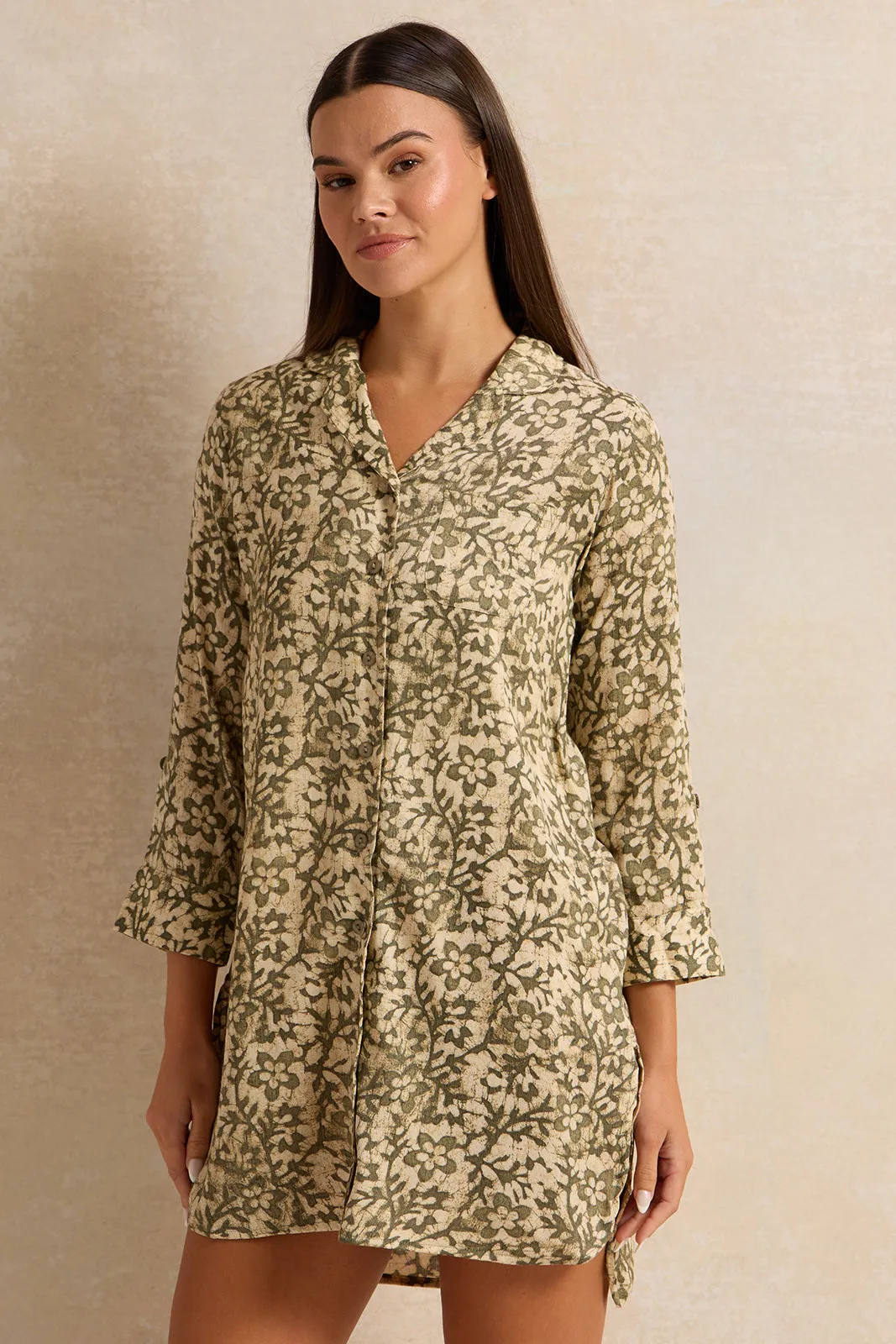 Women Green Crushed Floral Tunic Nightshirt