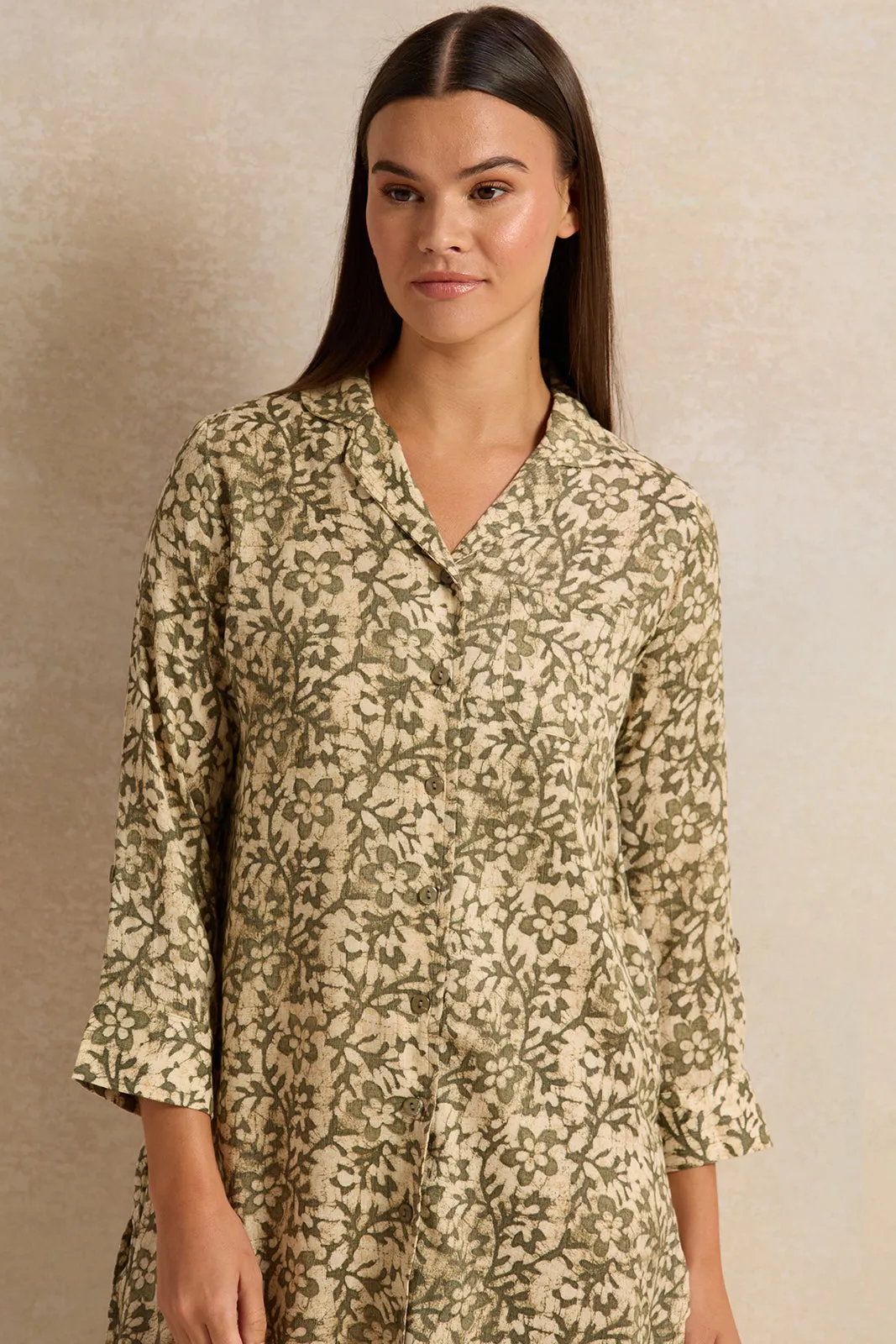 Women Green Crushed Floral Tunic Nightshirt