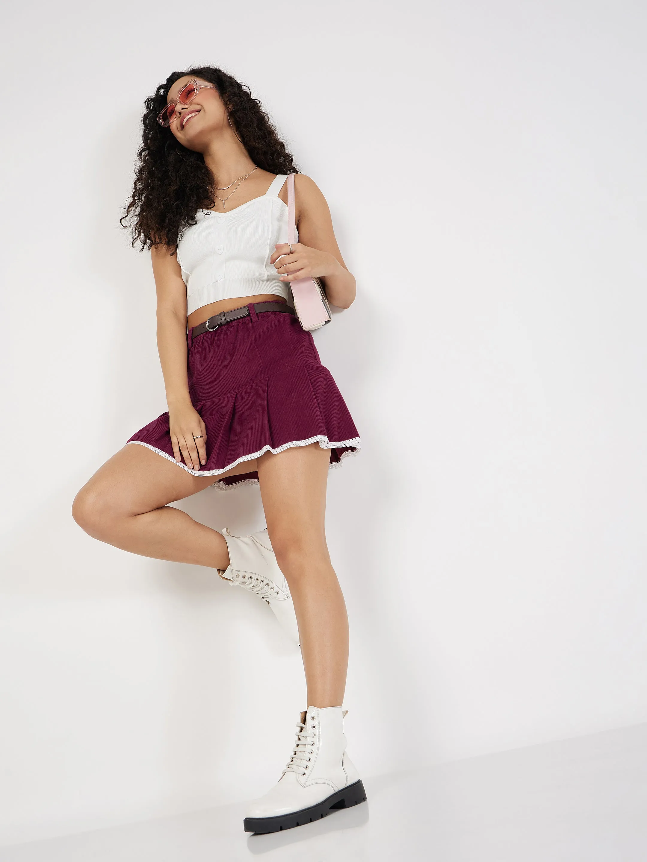 Women Maroon Corduroy Pleated Mini Skirt