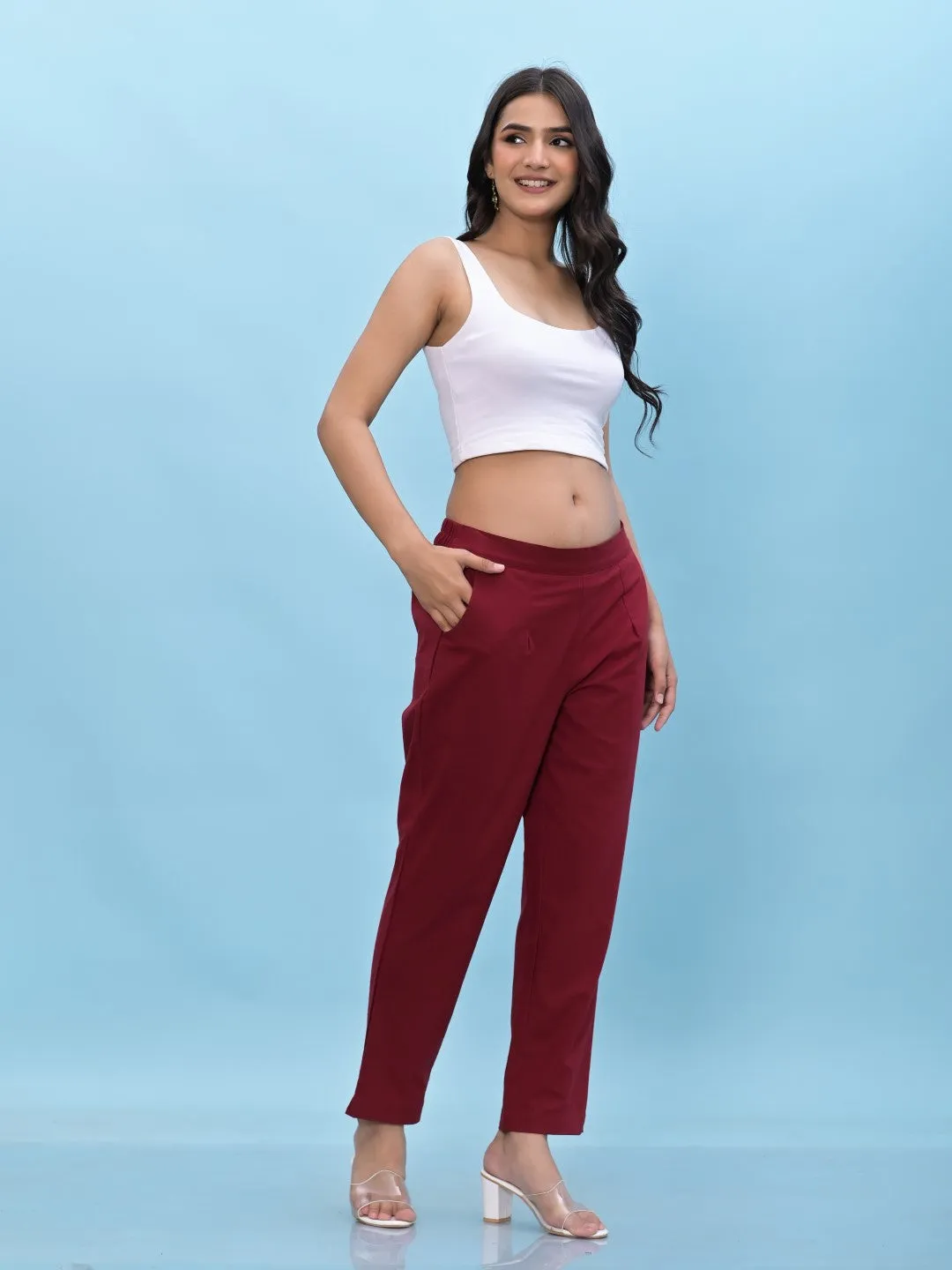 Women Maroon Solid Cotton Pants With Partially Elasticated Waistband And Two Side Pockets