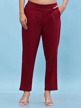 Women Maroon Solid Cotton Pants With Partially Elasticated Waistband And Two Side Pockets