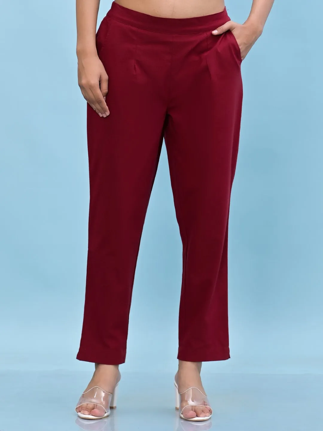 Women Maroon Solid Cotton Pants With Partially Elasticated Waistband And Two Side Pockets