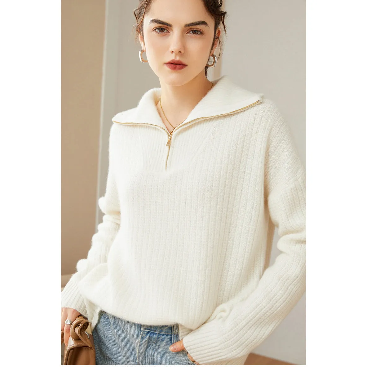 Women's 100% Pure Cashmere Sweater Half Turtleneck Zip Half Open Collar Warm Cashmere Sweater