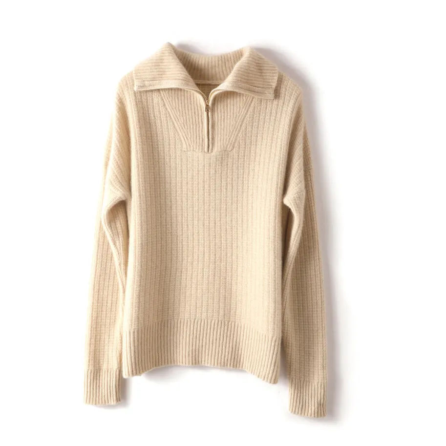 Women's 100% Pure Cashmere Sweater Half Turtleneck Zip Half Open Collar Warm Cashmere Sweater