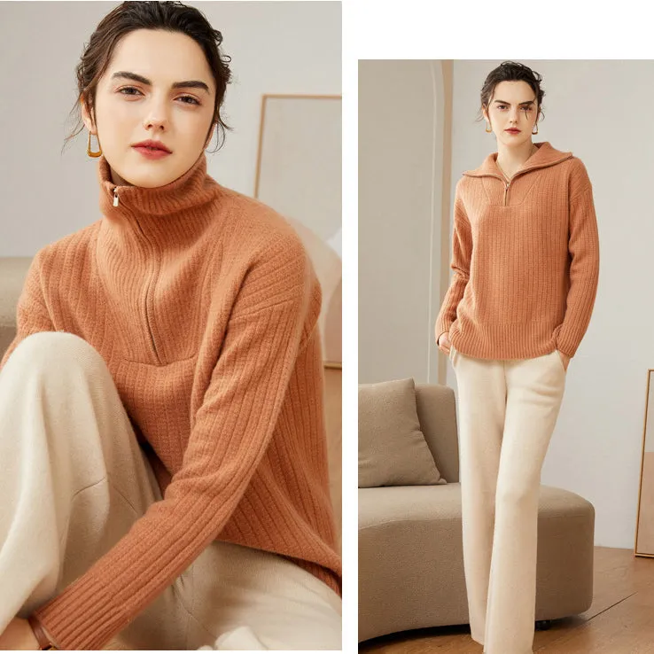 Women's 100% Pure Cashmere Sweater Half Turtleneck Zip Half Open Collar Warm Cashmere Sweater