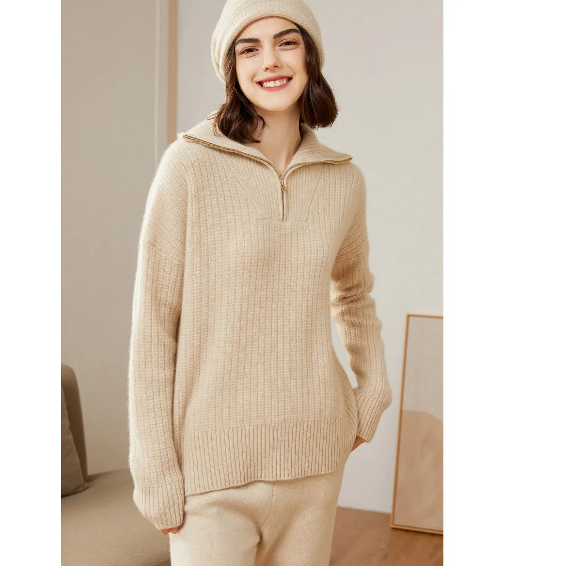 Women's 100% Pure Cashmere Sweater Half Turtleneck Zip Half Open Collar Warm Cashmere Sweater