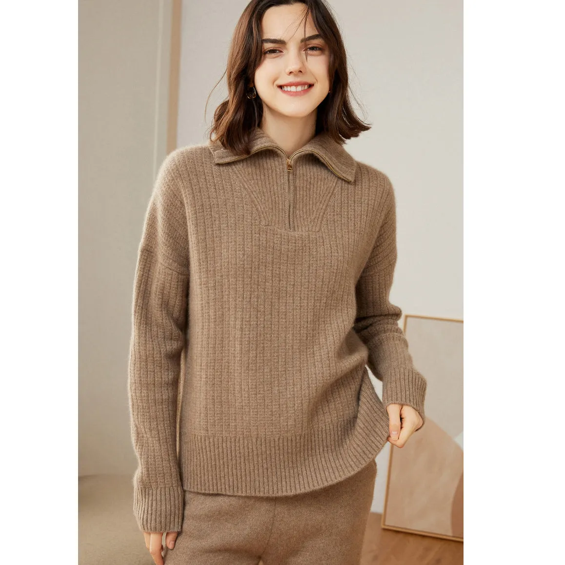 Women's 100% Pure Cashmere Sweater Half Turtleneck Zip Half Open Collar Warm Cashmere Sweater