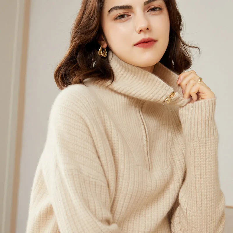 Women's 100% Pure Cashmere Sweater Half Turtleneck Zip Half Open Collar Warm Cashmere Sweater