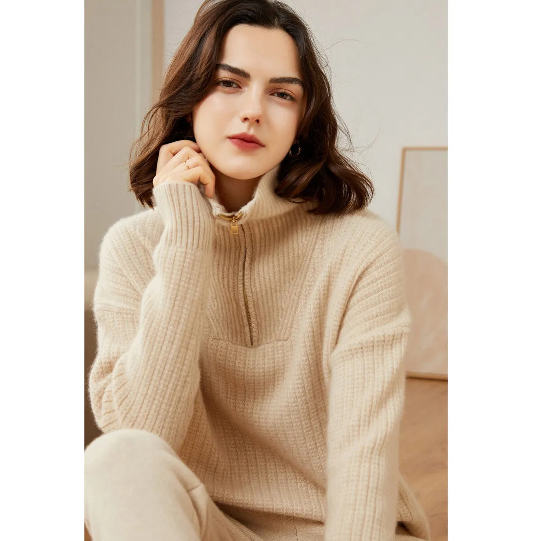 Women's 100% Pure Cashmere Sweater Half Turtleneck Zip Half Open Collar Warm Cashmere Sweater