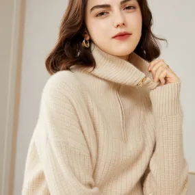 Women's 100% Pure Cashmere Sweater Half Turtleneck Zip Half Open Collar Warm Cashmere Sweater