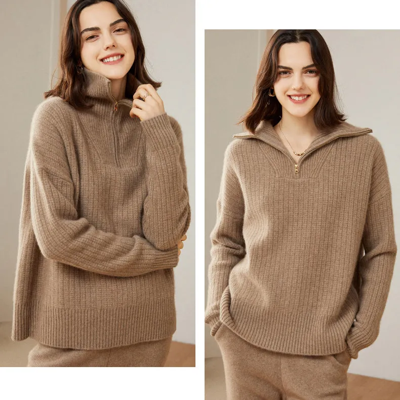 Women's 100% Pure Cashmere Sweater Half Turtleneck Zip Half Open Collar Warm Cashmere Sweater