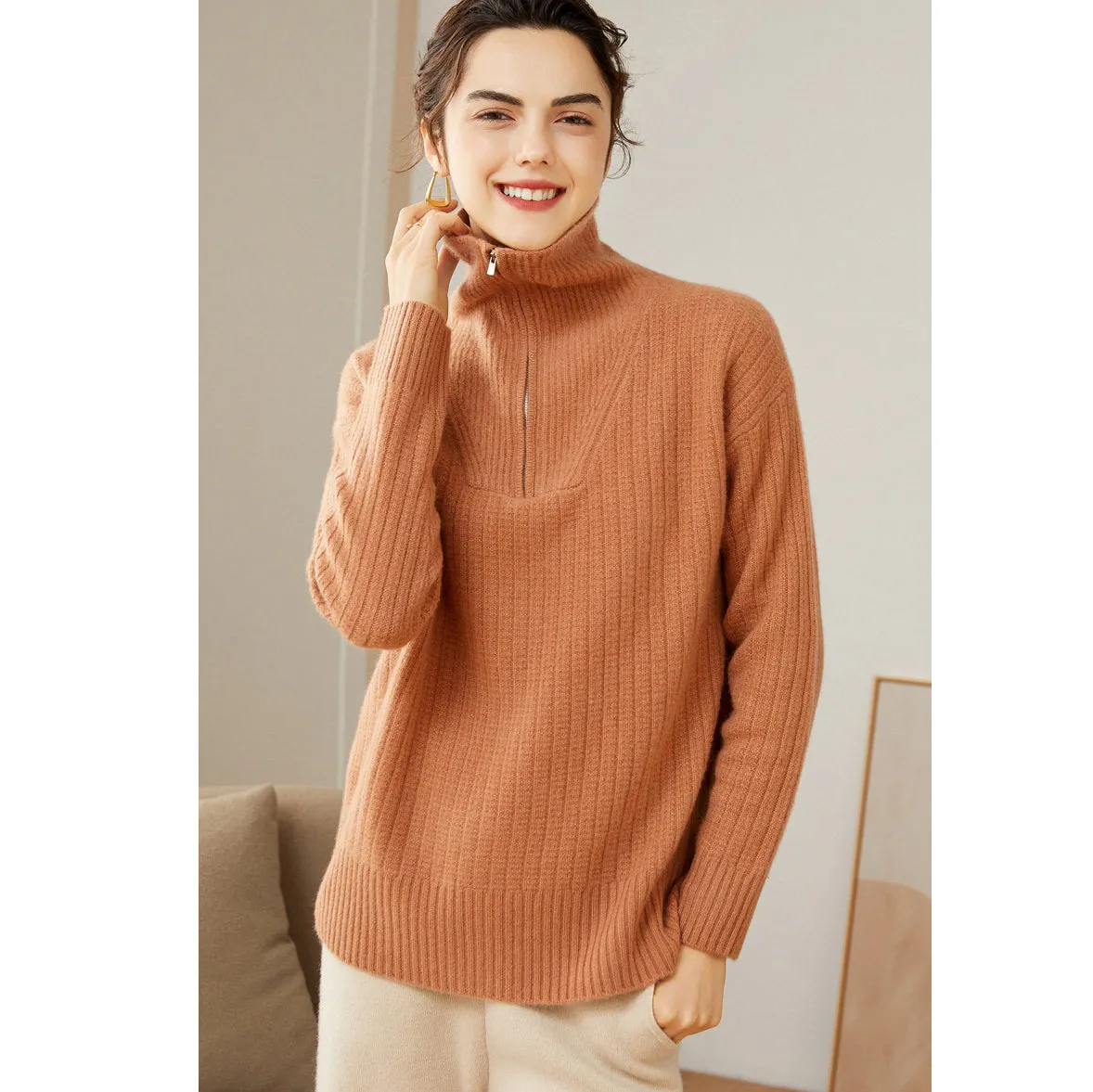 Women's 100% Pure Cashmere Sweater Half Turtleneck Zip Half Open Collar Warm Cashmere Sweater