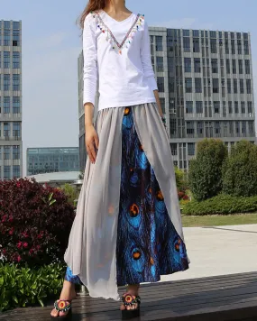 Women's Cotton and Chiffon skirt/Sari Maxi Skirt/peacock feather printed skirt/long skirt/elastic waist skirt(Q1106)