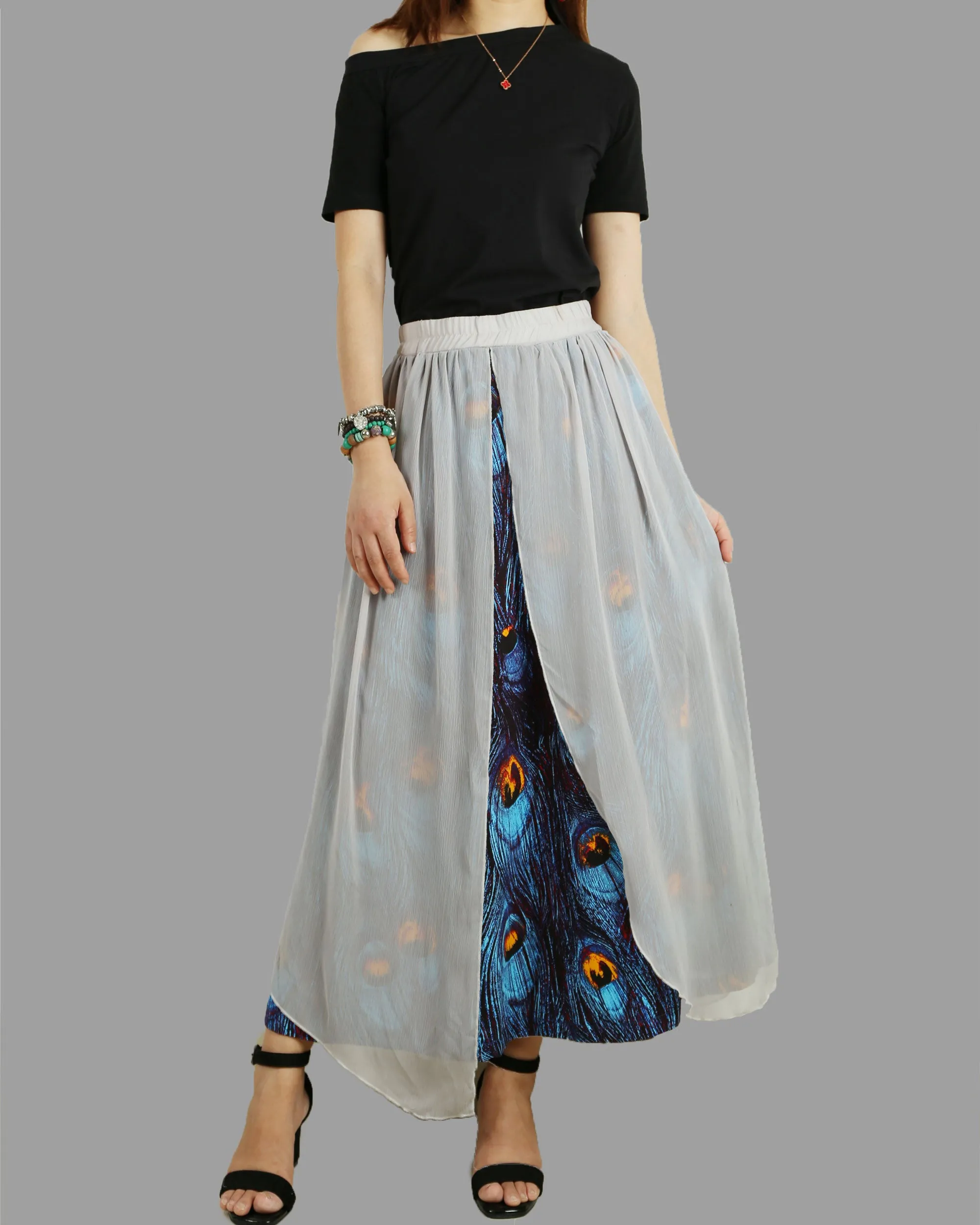 Women's Cotton and Chiffon skirt/Sari Maxi Skirt/peacock feather printed skirt/long skirt/elastic waist skirt(Q1106)