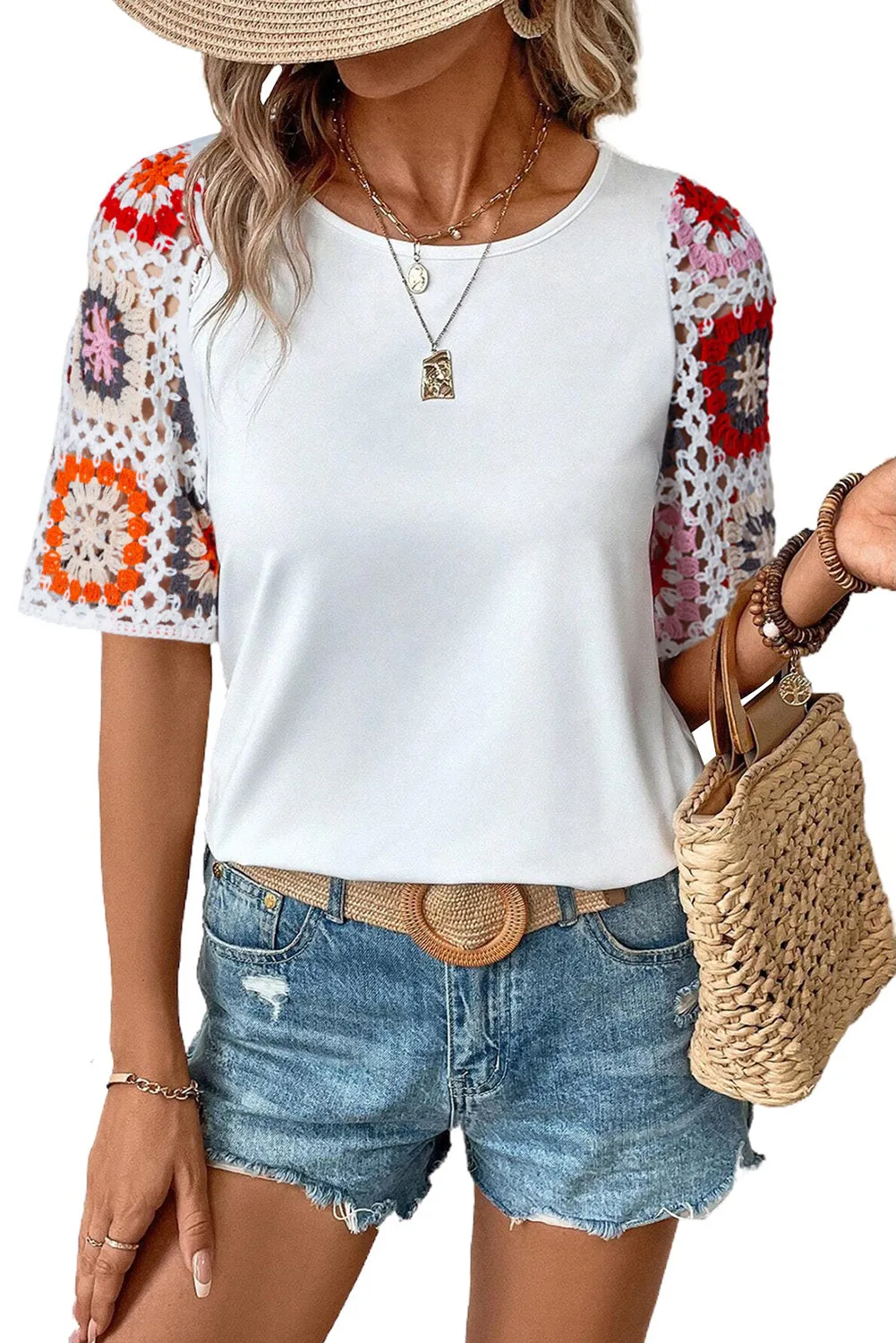 Women's Floral Crochet Short Sleeve Crew Neck Top