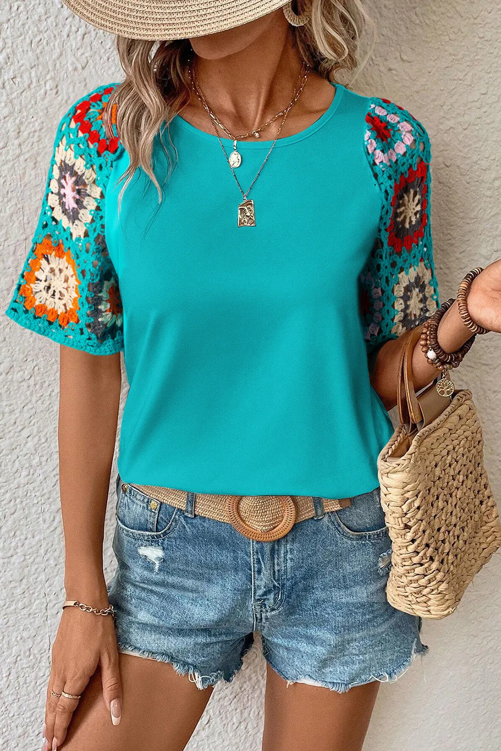 Women's Floral Crochet Short Sleeve Crew Neck Top