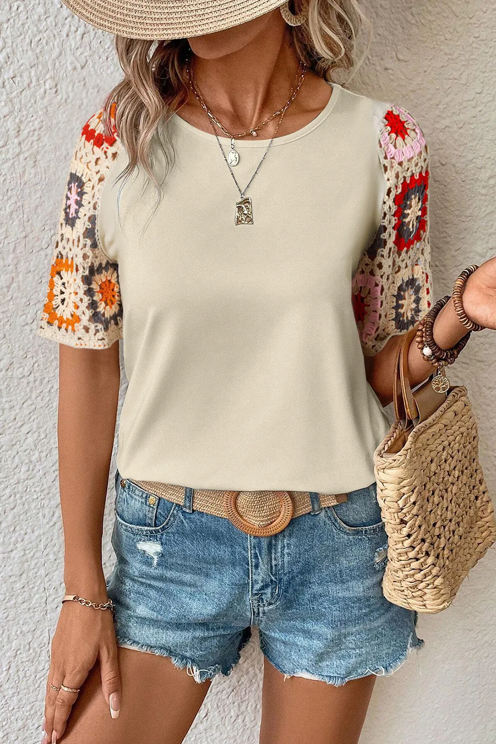 Women's Floral Crochet Short Sleeve Crew Neck Top