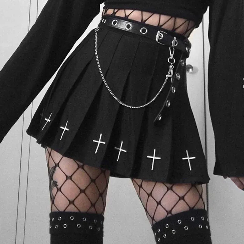 Women's Mini Waist Style Pleated Dark Cross Ladies High Mini Pattern Gothic Skirt