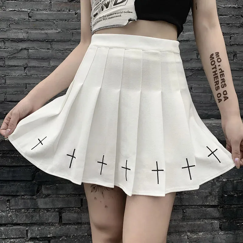 Women's Mini Waist Style Pleated Dark Cross Ladies High Mini Pattern Gothic Skirt