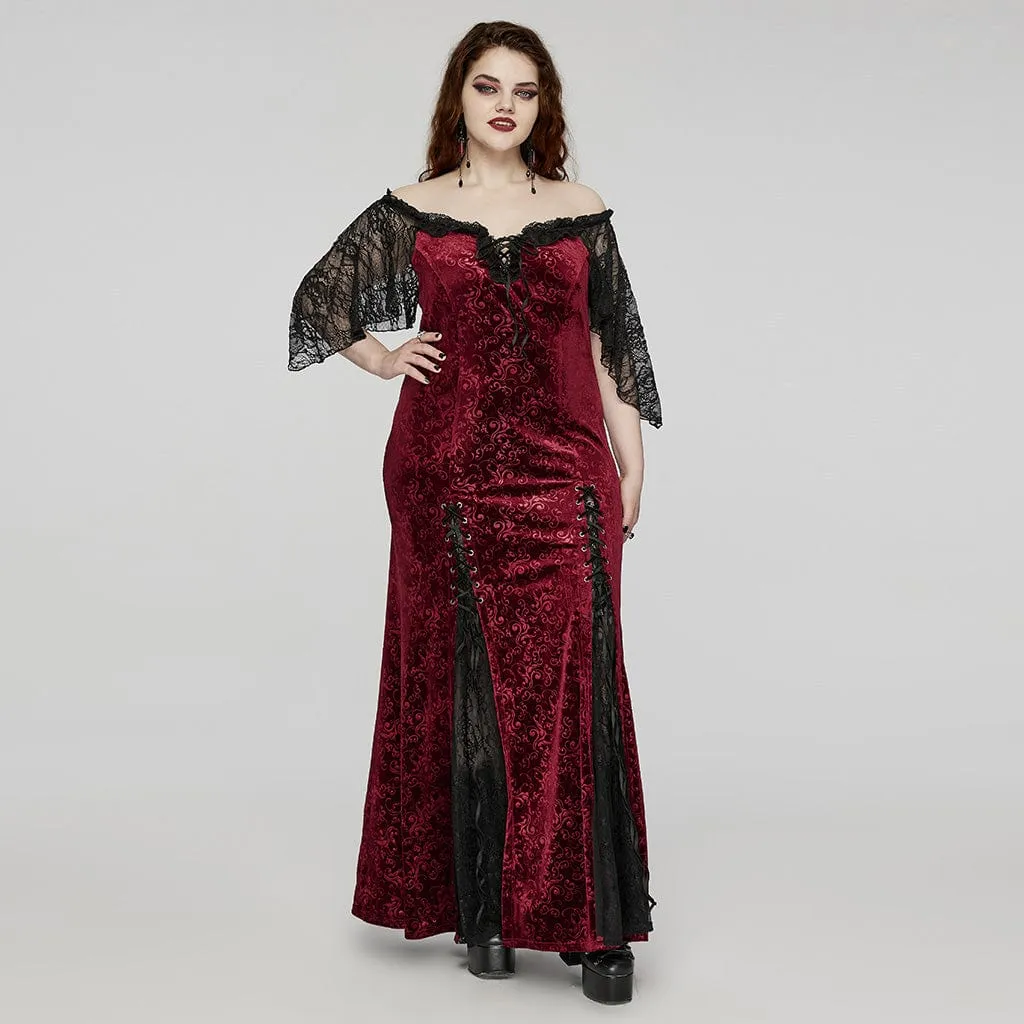 Women's Plus Size Gothic Off-the-shoulder Lace-up Red Velvet Gown Dress Wedding Dress