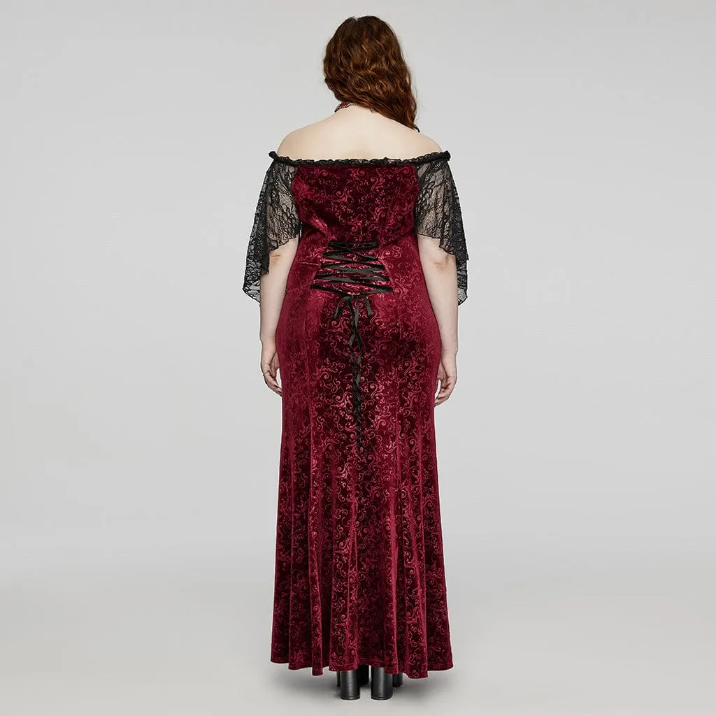 Women's Plus Size Gothic Off-the-shoulder Lace-up Red Velvet Gown Dress Wedding Dress